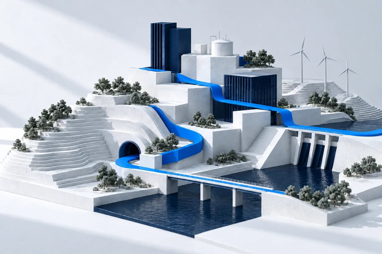Maquete conceitual de infraestrutura, edifícios e energia conectados por um percurso azul.